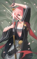 Rule 34 | 1girl, absurdres, alchemy stars, bandages, black kimono, bow, breasts, cherry blossoms, chest sarashi, clarenceman0605, cleavage, commentary, covering one eye, dated, glint, green background, hakama, hakama skirt, highres, hiiro (alchemy stars), holding, holding sheath, holding sword, holding weapon, japanese clothes, katana, kimono, looking at viewer, medium breasts, ootachi, open mouth, pink hair, pom pom (clothes), red eyes, sarashi, sheath, short hair, signature, skirt, solo, sword, unsheathing, weapon, wide sleeves
