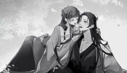 Rule 34 | 1boy, 1girl, after kiss, bite mark, blunt bangs, blush, chinese clothes, couple, efanziyu, freckles, greyscale, hanfu, hetero, highres, jinshi (kusuriya no hitorigoto), kusuriya no hitorigoto, leaning back, leaning forward, long hair, maomao (kusuriya no hitorigoto), monochrome, one eye closed, open mouth, saliva, saliva trail, scratches, sitting, steam, straight hair, sweatdrop, tongue, tongue out, wide sleeves