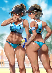 Rule 34 | 2girls, abs, absurdres, armband, ass, ball, bare shoulders, bikini, blue eyes, blue sky, breasts, brown hair, cloud, cloudy sky, collarbone, dark-skinned female, dark skin, day, hand on own hip, hand up, highres, holding, long hair, medium breasts, multiple girls, navel, nekoguchi, number print, open mouth, original, outdoors, palm leaf, palm tree, ponytail, shiny skin, short hair, sky, sports bikini, stomach, sweat, sweatdrop, swimsuit, tan, tanline, teeth, thighs, toned, tree, upper teeth only, visor cap, volleyball (object), wiping sweat, yellow eyes