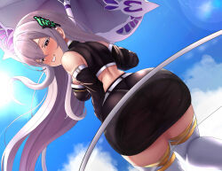 Rule 34 | 1girl, absurdres, against glass, ass, ass on glass, ass press, black skirt, blue sky, breasts, brown eyes, butterfly hair ornament, cloud, colored eyelashes, commission, day, detached sleeves, echidna (re:zero), glass table, grey hair, hair ornament, highres, large breasts, long hair, looking at viewer, midriff, miniskirt, outdoors, pixiv commission, race queen, re:zero kara hajimeru isekai seikatsu, relpama, sitting, skirt, sky, solo, table, transparent seat