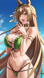Rule 34 | 1girl, :d, animal ears, armlet, bikini, blue sky, blush, braid, breasts, breasts squeezed together, brown hair, cleavage, collar, collarbone, cowboy shot, dark skin, day, green bikini, half updo, horse ears, horse girl, horse tail, large breasts, long hair, multi-strapped bikini, multicolored hair, navel, open mouth, outdoors, own hands together, satono diamond (umamusume), seven (shijima), skindentation, sky, smile, solo, stomach, swimsuit, tail, two-tone hair, umamusume, very long hair, white hair