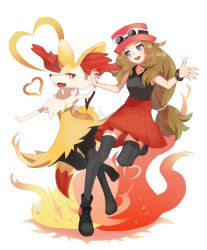 Rule 34 | 1girl, absurdres, animal ear fluff, animal nose, black footwear, black thighhighs, blue eyes, bracelet, braixen, brown hair, commentary request, creatures (company), eyelashes, eyewear on headwear, game freak, gen 6 pokemon, hat, heart, highres, holding hands, jewelry, leg up, long hair, nintendo, open mouth, pokemon, pokemon (creature), pokemon xy, red skirt, redcat13, serena (pokemon), shoes, skirt, snout, spread fingers, sunglasses, teeth, thighhighs, tongue, very long hair