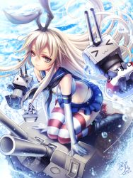 Rule 34 | 10s, 1girl, anchor hair ornament, arm support, black panties, blonde hair, blue skirt, cannon, crop top, dated, elbow gloves, from above, gloves, hair ornament, hairband, highleg, highleg panties, kamui natsuki, kantai collection, kneeling, leaning forward, lifebuoy, looking at viewer, looking up, machinery, microskirt, midriff, panties, pleated skirt, rensouhou-chan, sailor collar, shimakaze (kancolle), signature, sitting, skirt, smile, solo, splashing, striped clothes, striped thighhighs, swim ring, thighhighs, turret, underwear, water, white gloves, yellow eyes