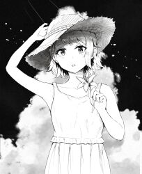 Rule 34 | 1girl, absurdres, armpits, ben-day dots, cloud, collarbone, dot nose, flower, frilled shirt, frills, h-appa, hat, highres, holding, holding flower, lily (flower), looking at viewer, monochrome, open mouth, original, screentones, shirt, skirt, solo, straw hat, swept bangs, teeth, upper teeth only