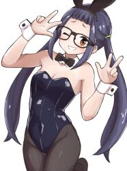 Rule 34 | 1girl, animal ears, black bow, black bowtie, black hair, black leotard, black pantyhose, blunt bangs, bow, bowtie, breasts, brown eyes, cleavage, detached collar, fake animal ears, forehead, giga rou, glasses, grin, highres, leaning to the side, leotard, low twintails, one eye closed, oogaki chiaki, pantyhose, playboy bunny, rabbit ears, simple background, small breasts, smile, solo, twintails, v, white background, wrist cuffs, yurucamp