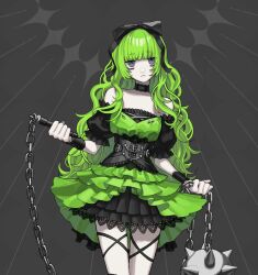 1girl :&lt; ball_and_chain_(weapon) bare_shoulders black_bow black_choker black_corset black_dress blunt_bangs bow chain choker closed_mouth collarbone corset dress flail green_dress green_hair grey_background grey_eyes hair_bow highres holding holding_flail holding_weapon lace-trimmed_choker lace_trim original puffy_short_sleeves puffy_sleeves short_dress short_sleeves solo spiked_ball_and_chain standing two-tone_dress weapon yoshioka_suke