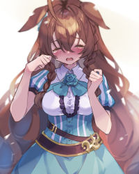 Rule 34 | 1girl, absurdres, animal ears, blue flower, blue rose, blue skirt, blush, braid, breasts, brown hair, center frills, closed eyes, collared shirt, commentary request, crying, facing viewer, flower, frills, grey background, hair between eyes, highres, horse ears, long hair, medium breasts, mejiro bright (umamusume), mola mola, nose blush, open mouth, puffy short sleeves, puffy sleeves, rose, shirt, short sleeves, skirt, solo, striped, tears, twin braids, umamusume, vertical stripes, very long hair, wavy hair, white shirt