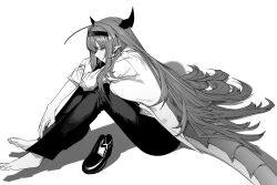 Rule 34 | 1girl, absurdres, ahoge, barefoot, blush, breasts, closed mouth, dragon horns, dragon tail, feet, full body, greyscale, hair between eyes, hairband, highres, hololive, horns, kiryu coco, large breasts, long hair, monochrome, pants, pointy ears, shadow, shirt, shoes, simple background, sitting, sleeves rolled up, solo, tail, unworn shoes, very long hair, virtual youtuber, white background, xiaoju xiaojie