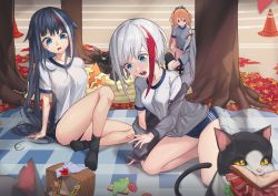 Rule 34 | 4girls, absurdres, admiral graf spee (azur lane), admiral hipper (azur lane), ahoge, alternate costume, autumn leaves, azur lane, black hair, black legwear, blonde hair, blue buruma, blue eyes, breasts, buruma, cat, collarbone, commentary, crying, crying with eyes open, day, deutschland (azur lane), english commentary, food, gloom (expression), gym uniform, highres, huge filesize, hungry, long hair, medium breasts, multicolored hair, multiple girls, no shoes, bento, open mouth, outdoors, page&#039;as, picnic, picnic basket, prinz eugen (azur lane), red hair, sandwich, shirt, short hair, socks, streaked hair, tears, teeth, theft, thighs, tongue, traffic cone, tree, very long hair, white hair, white shirt