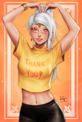 Rule 34 | 1girl, absurdres, artist logo, bianca (sciamano240), black leggings, blouse, bracelet, breasts, clothes writing, crop top, dated, earrings, expressive clothes, gem, gold, grin, highres, jewelry, leggings, looking at viewer, medium breasts, midriff, navel, orange eyes, original, parted lips, realistic, sciamano240, shiny clothes, shirt, short sleeves, silver hair, smile, solo, thank you, turtleneck, upper body, yellow shirt