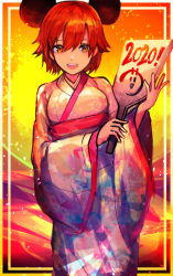 Rule 34 | 1girl, 2020, :d, animal ears, breasts, chinese zodiac, commentary request, hagoita, hair between eyes, highres, holding, japanese clothes, kimono, long sleeves, medium breasts, mouse ears, obi, open mouth, orange eyes, orange hair, original, paddle, print kimono, sash, short hair, smile, solo, tarbo (exxxpiation), white kimono, wide sleeves, year of the rat