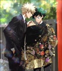 Rule 34 | 2boys, bakugou katsuki, black jacket, blonde hair, blurry, boku no hero academia, collar, commentary request, depth of field, floral print, formal, freckles, green eyes, green hair, hand in pocket, highres, jacket, lens flare, looking at another, male focus, midoriya izuku, mkm (mkm storage), multiple boys, necktie, polka dot neckwear, profile, red eyes, signature, striped necktie, suit, tagme, yaoi