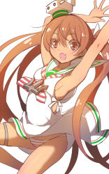 Rule 34 | 10s, 1girl, brown eyes, brown hair, dark-skinned female, dark skin, dress, highres, kantai collection, libeccio (kancolle), long hair, open mouth, panties, sailor dress, shiba nanasei, smile, solo, striped clothes, striped panties, twintails, underwear, very long hair