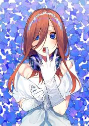 Rule 34 | 1girl, blue eyes, blush, bride, brown hair, dress, gloves, go-toubun no hanayome, hair between eyes, hand to own mouth, haruba negi, headphones, headphones around neck, highres, looking at viewer, nakano miku, open mouth, petals, solo, upper body, white dress, white gloves