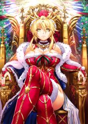 Rule 34 | 1girl, ahoge, artoria pendragon (fate), artoria pendragon (lancer) (fate), backlighting, bell, bell earrings, blue cape, blue gemstone, braid, breasts, bridal gauntlets, cape, choker, christmas, christmas ornaments, christmas tree, closed mouth, cross, cross hair ornament, crossed legs, crown, earrings, expressionless, fate/grand order, fate (series), french braid, fur-trimmed cape, fur-trimmed legwear, fur trim, gem, glitter, gold, gold trim, green eyes, hair between eyes, hair ornament, hat, highres, hip focus, jewelry, large breasts, leotard, light rays, long hair, looking at viewer, nail polish, neck bell, necklace, pink nails, red legwear, red leotard, sakiyamama, santa costume, santa hat, sidelocks, signature, sitting, solo, swept bangs, thighs, throne