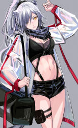 Rule 34 | 1girl, animal ears, arknights, arm up, bag, black scarf, black shorts, breasts, cat ears, cleavage, commentary, cowboy shot, english commentary, grey background, hair over one eye, highres, jacket, long hair, long sleeves, medium breasts, midriff, navel, ngop, pouch, scarf, schwarz (arknights), short shorts, shorts, silver hair, simple background, solo, standing, stomach, thigh strap, thighs, white jacket, yellow eyes