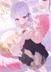 Rule 34 | 1girl, ahoge, black ribbon, black skirt, blush, braid, cardigan, cat, chain necklace, closed mouth, colored inner hair, couch, cup, drawing (object), feet out of frame, from above, grey sweater, hair ribbon, highres, holding, holding cup, indie utaite, indoors, jewelry, long hair, long sleeves, looking at viewer, medium skirt, mug, multicolored hair, nail polish, necklace, niconico, off shoulder, on couch, open cardigan, open clothes, pink hair, pink nails, red eyes, ribbon, rika (kuroneko datenn), rin31153336, sitting, skirt, sleeveless, sleeveless sweater, sleeves past wrists, smile, solo, streaked hair, sunlight, sweater, teacup, utaite, very long hair, white hair