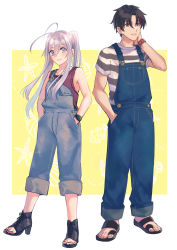 Rule 34 | 1boy, 1girl, 86 -eightysix-, black hair, casual, denim, hand in pocket, hands in pockets, overalls, sandals, shinei nouzen, shirt, shousuke, silver hair, sleeveless, smile, striped clothes, striped shirt, t-shirt, toeless footwear, vladilena millize, watch, wristwatch, yellow background