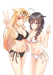 Rule 34 | 2girls, ;d, arm up, armpits, bare shoulders, bikini, black bikini, blonde hair, blue eyes, blush, braid, breasts, brown hair, cleavage, commentary request, cowboy shot, grin, groin, hair between eyes, hair flaps, hair ornament, hair over shoulder, hairclip, hand on another&#039;s back, hand on another&#039;s shoulder, hand up, happy, highres, kantai collection, long hair, looking at viewer, matching outfits, medium breasts, midriff, multiple girls, navel, one eye closed, open mouth, shigure (kancolle), side-tie bikini bottom, simple background, single braid, smile, swimsuit, v, very long hair, white background, white bikini, yellow eyes, yuudachi (kancolle), zuki