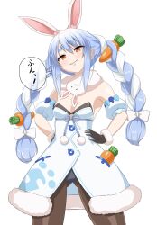 Rule 34 | 1girl, absurdres, animal ear fluff, animal ears, bare shoulders, black gloves, black pantyhose, blue hair, blush, bow, braid, breasts, carrot hair ornament, commentary request, cowboy shot, detached sleeves, dogu illust, doyagao, dress, eyelashes, eyes visible through hair, food-themed hair ornament, fur-trimmed dress, fur-trimmed gloves, fur trim, gloves, gluteal fold, hair between eyes, hair bow, hair ornament, hands on own hips, head tilt, highres, hololive, light blue hair, long hair, looking at viewer, multicolored hair, pantyhose, parted lips, pom pom (clothes), puffy short sleeves, puffy sleeves, rabbit ears, rabbit girl, short sleeves, simple background, small breasts, smirk, smug, solo, speech bubble, standing, streaked hair, thick eyebrows, twin braids, twintails, usada pekora, usada pekora (1st costume), virtual youtuber, white background, white bow, white dress, white fur, white hair