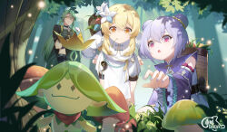 Rule 34 | 1boy, 2girls, absurdres, alternate costume, alternate hairstyle, aranara (genshin impact), baizhu (genshin impact), basket, bent over, blurry, changsheng (genshin impact), chinese clothes, coin hair ornament, commentary request, depth of field, detached sleeves, double bun, flower, forest, genshin impact, glasses, grass, green hair, hair between eyes, hair bun, hair flower, hair ornament, hands on own hips, highres, long hair, long sleeves, looking at another, lumine (genshin impact), mouth hold, multiple girls, mushroom, nail polish, nature, outdoors, parted lips, purple eyes, purple hair, purple nails, qiqi (genshin impact), short hair, sidelocks, smile, snake, tree, white snake, wide sleeves, yellow eyes, yu e baba