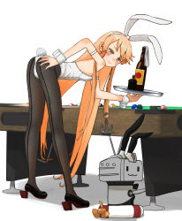 Rule 34 | 1girl, :3, alcohol, alternate costume, anchor hair ornament, animal ears, ass, bad id, bad twitter id, ball, billiard ball, billiards, black pantyhose, blonde hair, bottle, fishnet pantyhose, fishnets, flat chest, grey eyes, hair ornament, kantai collection, kitsuneno denpachi, leaning forward, leotard, long hair, pantyhose, playboy bunny, pool table, rabbit ears, rabbit tail, rensouhou-chan, shimakaze (kancolle), simple background, solo, table, tail, very long hair, white background, wrist cuffs