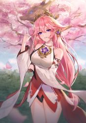 Rule 34 | 1girl, animal ears, bare shoulders, blue sky, cherry blossoms, commentary, cowboy shot, detached sleeves, earrings, fox ears, genshin impact, grin, hair between eyes, hand up, highres, jewelry, langsae, long hair, long sleeves, looking at viewer, nontraditional miko, outdoors, pink hair, purple eyes, red skirt, shirt, skirt, sky, smile, solo, standing, thighs, very long hair, white shirt, wide sleeves, yae miko