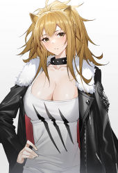 Rule 34 | 1girl, animal ears, arknights, black collar, black jacket, blonde hair, breasts, cleavage, collar, collarbone, commentary, fur-trimmed jacket, fur trim, gradient background, grey background, hand on own hip, highres, jacket, large breasts, lion ears, long hair, long sleeves, looking at viewer, raitho, siege (arknights), solo, tank top, upper body, white tank top, yellow eyes