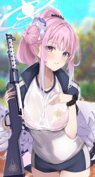 Rule 34 | 1girl, absurdres, angel wings, black shorts, blue archive, blurry, blurry background, blush, bra, bra visible through clothes, breasts, cowboy shot, gradient eyes, gun, gym shirt, gym shorts, gym uniform, hair bun, halo, hand on own chest, high ponytail, highres, holding, holding gun, holding weapon, insignia, jacket, jacket on shoulders, kaya (tyhk7874), lanchester smg, large breasts, leaning forward, long hair, looking at viewer, looking to the side, low wings, mika (blue archive), multicolored clothes, multicolored eyes, multicolored shorts, outdoors, parted lips, pink bra, pink hair, purple eyes, scrunchie, shirt, short sleeves, shorts, sidelocks, single side bun, solo, submachine gun, sweat, track jacket, underwear, uniform, weapon, wet, wet clothes, wet shirt, white shirt, white shorts, wing ornament, wings, wrist scrunchie, yellow eyes