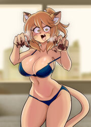 Rule 34 | 1girl, :3, absurdres, animal ears, arm support, blue bra, blue panties, bra, breasts, can, cat ears, cat girl, cat tail, claw pose, crazy eyes, curvy, fang, fingernails, furry, furry female, goya (lucyfer), heavy breathing, highres, large breasts, long hair, looking at viewer, lucyfer, nail polish, naughty face, navel, original, panties, shiny clothes, simple background, smile, solo, standing, tail, thong, underwear, very long hair, wide hips