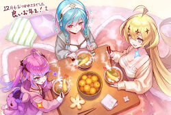 Rule 34 | 3girls, ahoge, aqua hair, artist name, blonde hair, braid, breasts, cassius (phantom of the kill), chopstick rest, chopsticks, cleavage, commentary request, crossed bangs, failnaught (phantom of the kill), food, fork, from above, fruit, hair between eyes, hair ornament, hairband, holding, holding chopsticks, holding fork, indoors, kotatsu, long hair, long sleeves, mandarin orange, medium breasts, multiple girls, new year, official art, open mouth, orange eyes, phantom of the kill, pillow, purple eyes, purple hair, second-party source, sitting, small breasts, table, tiphereth (phantom of the kill), twintails, very long hair, white hairband