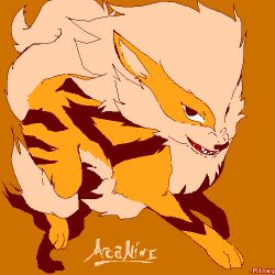 Rule 34 | arcanine, black eyes, character name, creatures (company), fangs, game freak, gen 1 pokemon, looking at viewer, lowres, minxy, moominxy, nintendo, no humans, open mouth, orange background, pokemon, pokemon (creature), simple background, solo, teeth