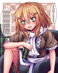 Rule 34 | 1girl, :o, absurdres, arm on knee, black skirt, blonde hair, blouse, blush, border, brand name imitation, breasts, brown background, brown shirt, can, couch, energy drink, furrowed brow, green eyes, hair ornament, hairclip, highres, holding, holding can, knee up, large breasts, looking ahead, medium hair, messy hair, mizuhashi parsee, monster energy, open mouth, pleated skirt, pointy ears, sash, scarf, shirt, short sleeves, sitting, siw0n, skirt, solo, thighs, tiles, touhou, translation request, white border, white sash, white scarf, x hair ornament