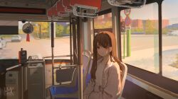 Rule 34 | 1girl, 1other, absurdres, brown eyes, brown hair, brown jacket, building, bus, bus interior, closed mouth, highres, hua ming wink, jacket, long hair, looking at viewer, mirror, motor vehicle, original, road, road sign, shirt, sign, sitting, smile, traffic light