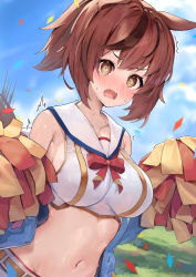 Rule 34 | 1girl, @ @, absurdres, animal ears, armpit crease, bare shoulders, blue jacket, blush, bow, bowtie, breasts, brown eyes, brown hair, cheerleader, collarbone, crop top, gold trim, highres, holding, holding pom poms, horse ears, horse girl, jacket, kuroshiro kanae, large breasts, long hair, long sleeves, looking at viewer, midriff, navel, nice nature (run&amp;win) (umamusume), nice nature (umamusume), nose blush, off shoulder, official alternate costume, open clothes, open jacket, open mouth, pom pom (cheerleading), pom poms, ponytail, sailor collar, shirt, sleeveless, sleeveless shirt, solo, stomach, sweat, umamusume, upper body, v-shaped eyebrows, wavy mouth, white shirt