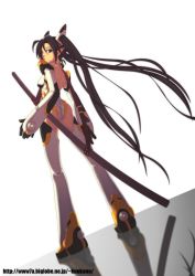 Rule 34 | ass, ayaki, back, bad id, bad pixiv id, black hair, boots, gloves, grey eyes, legs, long hair, looking back, original, pointy ears, solo, sword, thigh boots, thighhighs, twintails, weapon