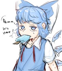 Rule 34 | 1girl, absurdres, blue bow, blue dress, blue eyes, blue hair, bow, cirno, commentary, dress, english commentary, english text, food, food in mouth, hair bow, highres, hot, ice, ice wings, melting, mouth hold, popsicle, popsicle in mouth, short hair, short sleeves, simple background, solo, sparkle71059204, sweat, touhou, upper body, white background, wings