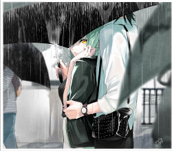 Rule 34 | 1boy, 1girl, 2021, absurdres, bag, black hair, black jacket, black pants, black shirt, black umbrella, c.c., code geass, couple, dated, from side, green hair, handbag, highres, holding, holding umbrella, jacket, jacket on shoulders, lelouch vi britannia, looking back, noppo, outdoors, pants, parted lips, rain, shirt, short hair, signature, striped clothes, striped shirt, umbrella, watch, wet, wet hair, white shirt, wristwatch, yellow eyes