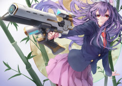 Rule 34 | 1girl, animal ears, asllapistone, bamboo, bamboo forest, blazer, forest, gun, hair between eyes, highres, holding, holding gun, holding weapon, jacket, light purple hair, long hair, long sleeves, looking to the side, moon, nature, necktie, pink skirt, rabbit ears, red eyes, red hair, red necktie, reisen udongein inaba, serious, skirt, solo, swept bangs, touhou, weapon