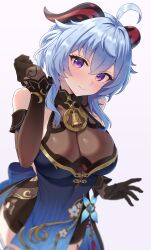 Rule 34 | 1girl, ahoge, black gloves, blue dress, blue hair, breasts, commentary request, covered navel, cowboy shot, dress, elbow gloves, ganyu (genshin impact), ganyu (twilight blossom) (genshin impact), genshin impact, gloves, hand up, highres, horns, kadokadokado, large breasts, long hair, looking at viewer, official alternate costume, purple eyes, smile, solo, standing