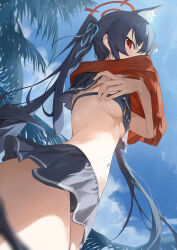 Rule 34 | 1girl, absurdres, animal ear fluff, animal ears, bikini, bikini skirt, black hair, blue archive, blurry, blurry foreground, blush, breasts, cat ears, cloud, cowboy shot, extra ears, frilled bikini, frills, from behind, hair ribbon, halo, highres, long hair, looking at viewer, looking down, navel, official alternate costume, palm tree, red shirt, ribbon, sb lama, serika (blue archive), serika (swimsuit) (blue archive), shirt, sidelocks, small breasts, solo, standing, stomach, swimsuit, tree, twintails, underboob, undressing, v-shaped eyebrows