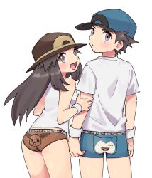 Rule 34 | 1boy, 1girl, alternate costume, baseball cap, blue headwear, blue male underwear, blush, boxer briefs, breasts, brown eyes, brown hair, brown headwear, brown panties, character print, closed mouth, clothes writing, copyright name, cowboy shot, creatures (company), eevee, from behind, game freak, gen 1 pokemon, hand up, happy, hat, highres, holding another&#039;s arm, leaf (pokemon), leaning forward, long hair, looking at viewer, looking back, male underwear, matching hair/eyes, nintendo, no pants, open mouth, panties, pokemon, pokemon frlg, pumpkinpan, red (pokemon), shirt, short hair, short sleeves, sidelocks, simple background, sleeveless, sleeveless shirt, small breasts, smile, snorlax, spiked hair, standing, sweatband, underwear, white background, white shirt