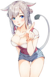 Rule 34 | 1girl, animal ears, arm behind back, warrior of light (ff14), blue eyes, blurry, breasts, casual, cat ears, cat girl, cat tail, cleavage, collarbone, cowboy shot, depth of field, double bun, dress shirt, final fantasy, final fantasy xiv, hair bun, highres, hitsuji (hanatoutau), leaning forward, long hair, looking at viewer, medium breasts, miqo&#039;te, pointing, pursed lips, scoop neck, shirt, short shorts, shorts, sidelocks, silver hair, simple background, solo, tail, thigh gap, white background