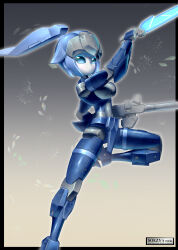 Rule 34 | 1girl, 30 minutes missions, absurdres, black border, blue eyes, blue hair, border, breasts, dual wielding, exm-h15b acerby type-b, glowing, highres, holding, holding sword, holding weapon, mecha, medium breasts, outside border, ponytail, robot, science fiction, soezy, solo, standing, standing on one leg, sword, weapon