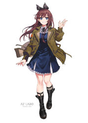 Rule 34 | 1girl, arisaka ako, black bow, black footwear, blue dress, blue eyes, boots, bow, brown hair, brown jacket, character name, collared dress, commentary request, dress, full body, hair bow, highres, jacket, long hair, long sleeves, looking at viewer, open clothes, open jacket, original, parted lips, simple background, smile, solo, white background
