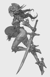 Rule 34 | 1girl, armor, boots, breastplate, gauntlets, greaves, greyscale, helmet, high heel boots, high heels, holding, holding sword, holding weapon, kilart, leotard, long hair, monochrome, original, running, shield, solo, spurs, sword, thigh boots, thighhighs, weapon