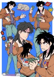 Rule 34 | 1boy, absurdres, american flag, black shirt, blue background, blue footwear, blue pants, bomber jacket, brown jacket, closed mouth, commentary request, dog, full body, grin, highres, inudori, itou kaiji, jacket, kaiji, long hair, long sleeves, male focus, medium bangs, multiple views, open clothes, open jacket, pants, parted bangs, patch, republic of china flag, shirt, shoes, smile, sneakers, south korean flag, united nations flag, upper body
