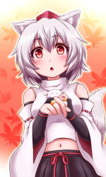 Rule 34 | 1girl, animal ear fluff, animal ears, autumn leaves, bare shoulders, black skirt, blush, breasts, bridal gauntlets, detached sleeves, geta, hat, inubashiri momiji, leaf, leaf background, looking at viewer, looking down, medium breasts, midriff, navel, open mouth, pom pom (clothes), red eyes, ribbon-trimmed sleeves, ribbon trim, shirt, short hair, silver hair, skirt, sleeveless, sleeveless shirt, solo, tail, tengu-geta, tokin hat, tottsuman, touhou, turtleneck, white shirt, wolf ears, wolf tail