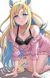 Rule 34 | 1girl, absurdres, ahoge, all fours, alternate costume, animal ears, bare shoulders, black bra, blonde hair, blue eyes, blue hair, blush, bra, breasts, colored inner hair, commentary, gradient hair, highres, horse ears, horse girl, horse tail, long hair, long sleeves, looking at viewer, multicolored hair, neo universe (umamusume), see-through, simple background, small breasts, solo, streaked hair, tail, take978733141, two-tone hair, umamusume, underwear, wavy mouth, white background