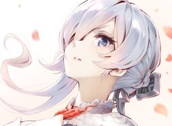 Rule 34 | 1girl, bad id, bad twitter id, commentary request, grey hair, hair ornament, hair over one eye, highres, hoshizaki reita, looking at viewer, one eye covered, parted lips, petals, portrait, purple eyes, sinoalice, snow rabbit, snow white (sinoalice), solo